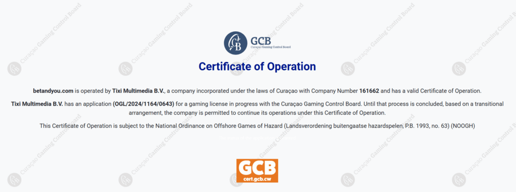 Betandyou's Certificate of Operation